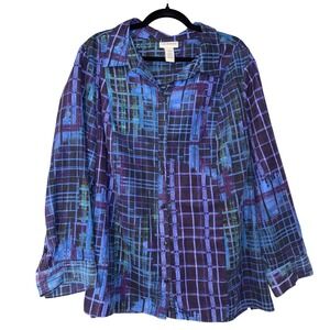 Vtg Catherines Patchwork Top Women 2X Blue Plaid Abstract Art To Wear Button Up